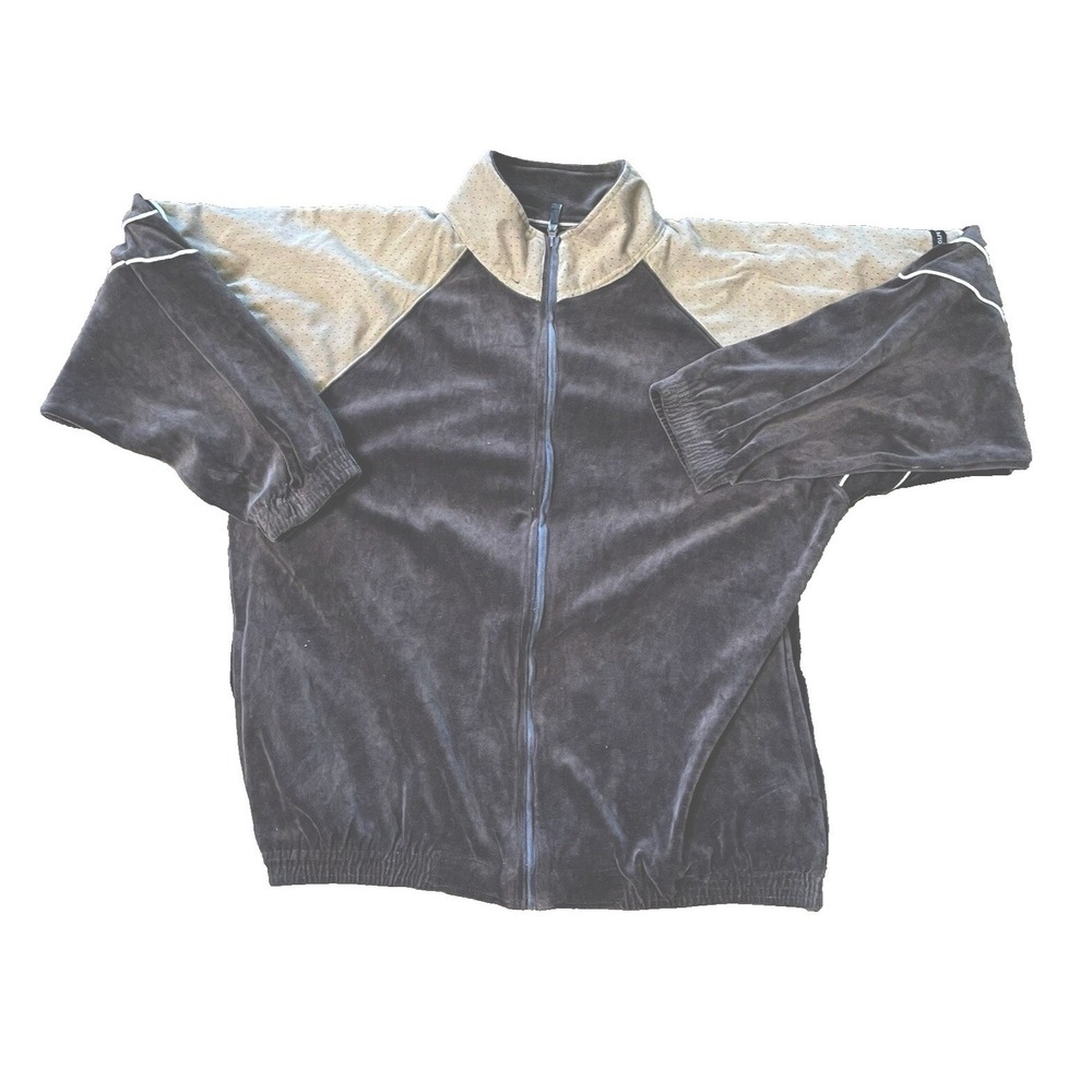 Vintage Men's Adolfo Sport Velour Zip Up Track Jacket Brown & Cream XL